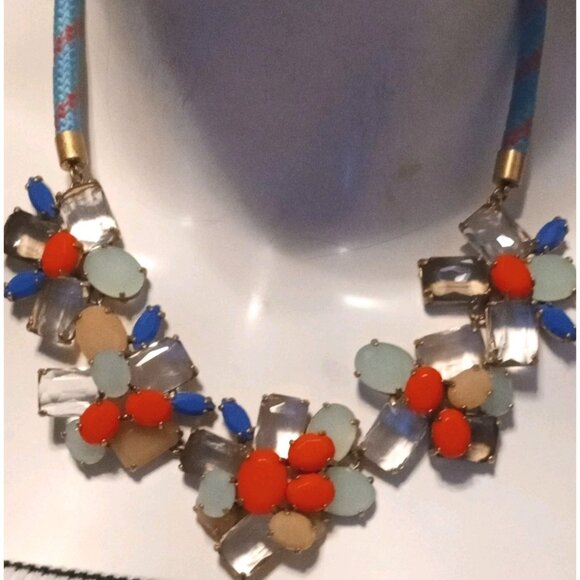J. CREW Signed Vintage Chunky Blue Orange Rhinestone Floral Necklace Gold Tone - Picture 7 of 16